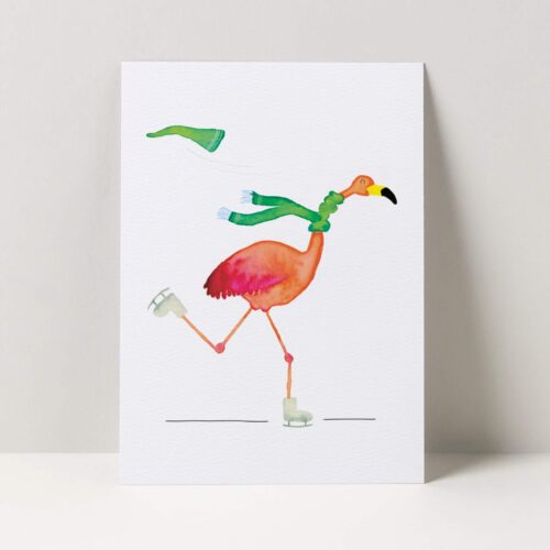 wenskaart flamingo schaatst