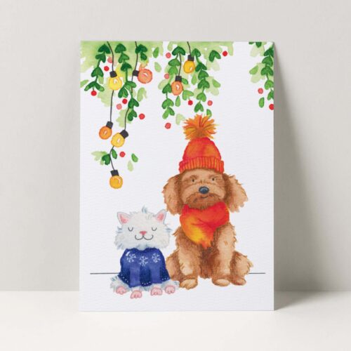 kerstkaart hond en poes